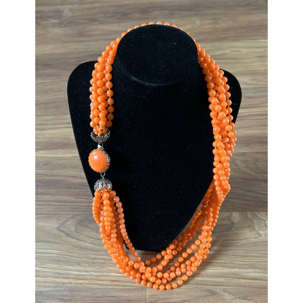 Vintage 50’s Orange Multi Strand Hard Plastic Bead Necklace 7 Strands Fall